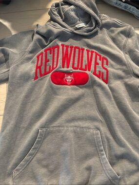 Gray 'RED WOLVES' Pullover Hoodie with Red Appliqué